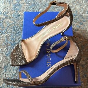 Stuart Weitzman Nudist Curve Square Toe Glitter High Heel Sandals *Like-New*